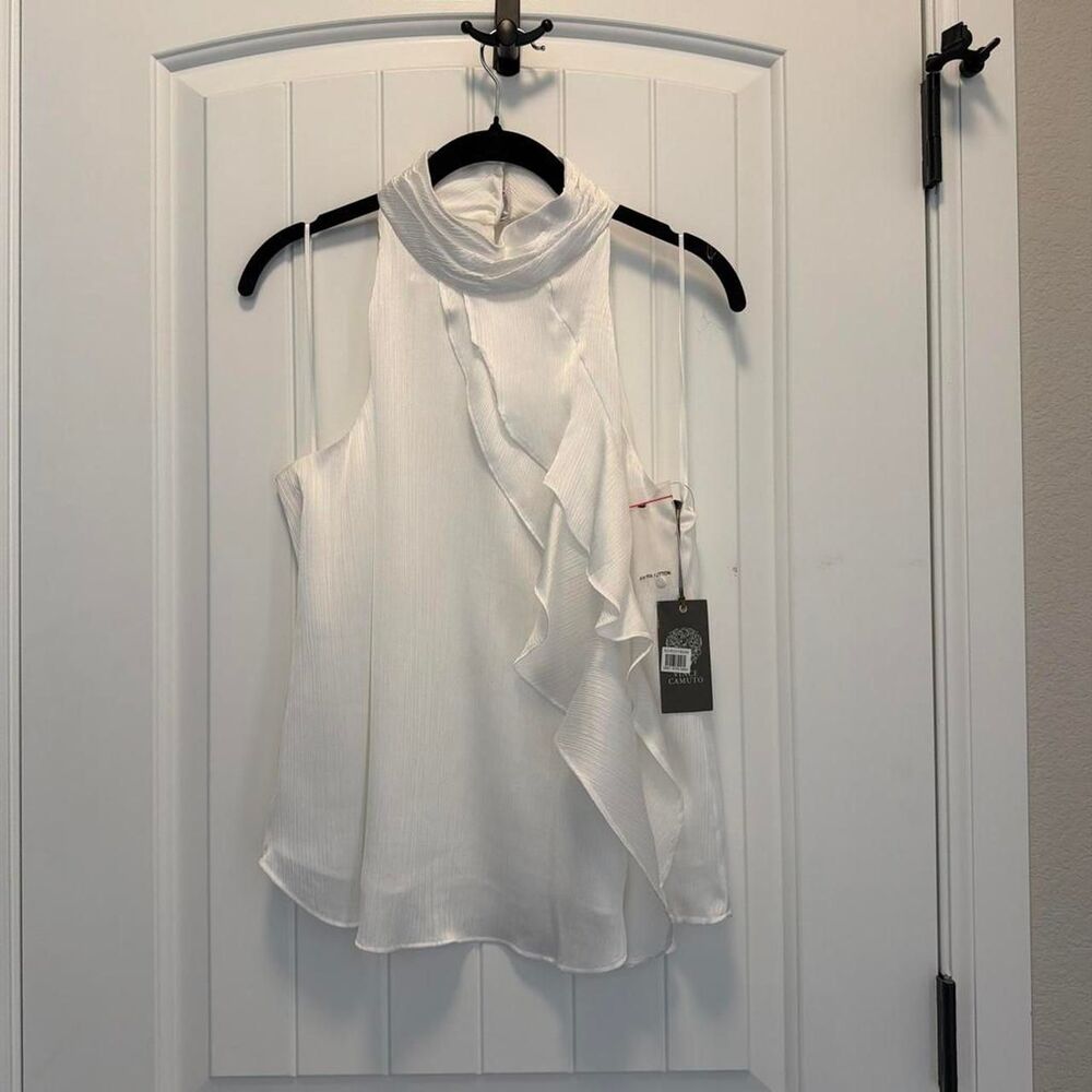 Vince Camuto Women's White Ruffle Chiffon Sleeveless Halter Neck Blouse Size XS